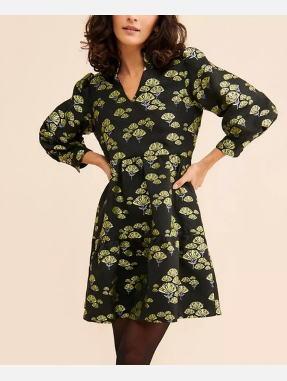 Anthropologie X Emily Lovelock Jaquard Embroidered Mini Dress Black Yellow Slate